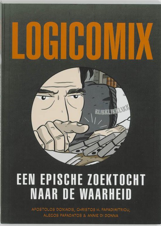 Livre "LOGICOMIX" avec une illustration d'un homme pointant vers la gauche, texte "EEN EPISCHE ZOEKTOCHT NAAR DE WAARHEID".