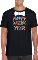 Happy new year t-shirt met vlinderstrikje voor oud en nieuw voor heren - zwart - Nieuwjaarsborrel kleding 2XL