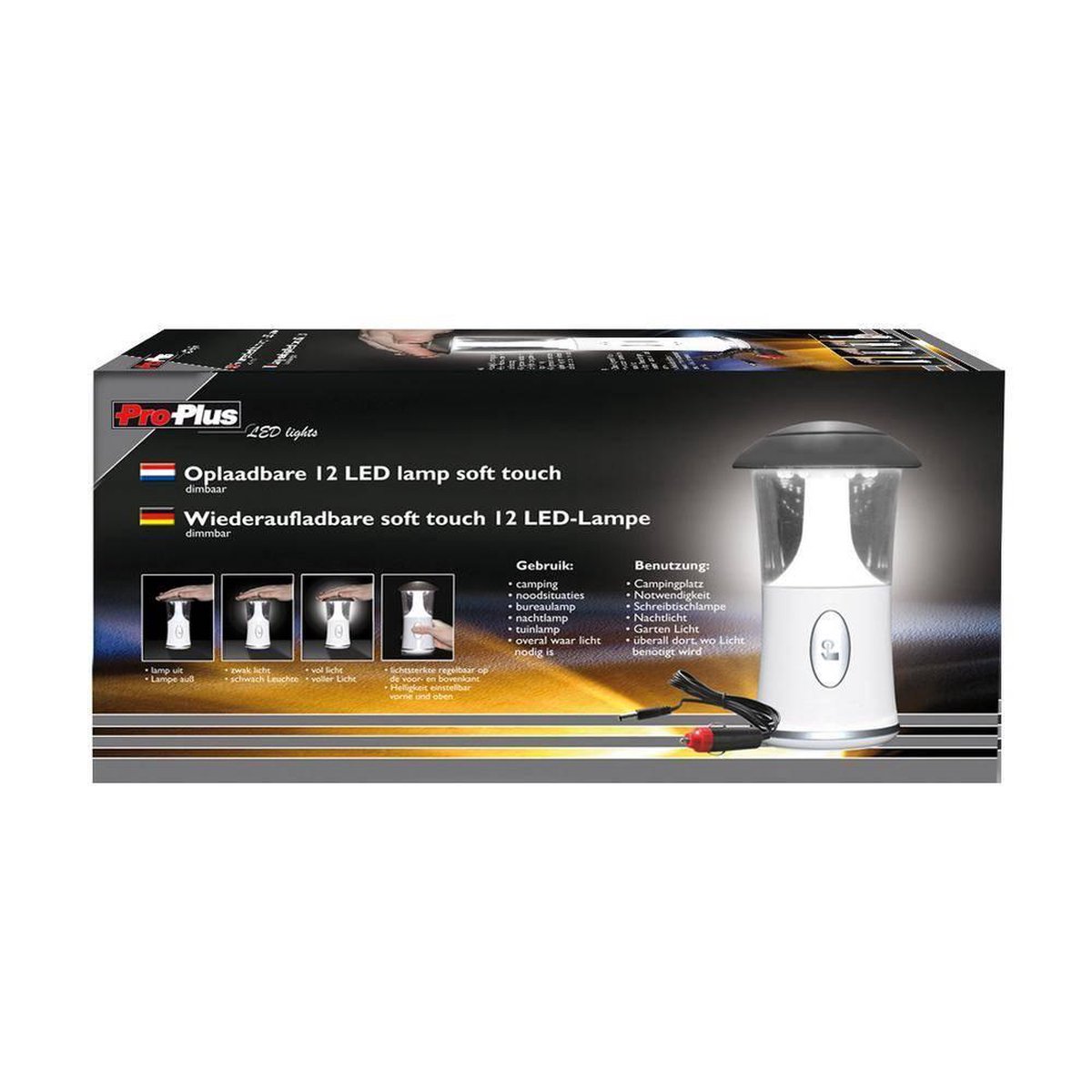 Campinglamp 12 LED dimbaar en oplaadbaar (12v & 220v)