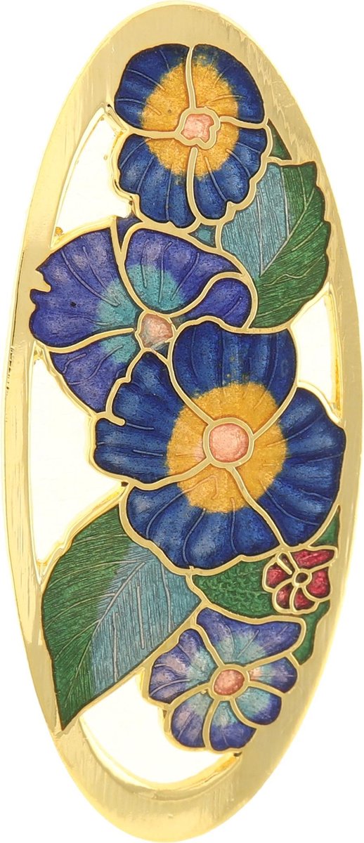 Behave® Broche ovaal goud-kleur met blauw - emaille sierspeld - sjaalspeld bloemen