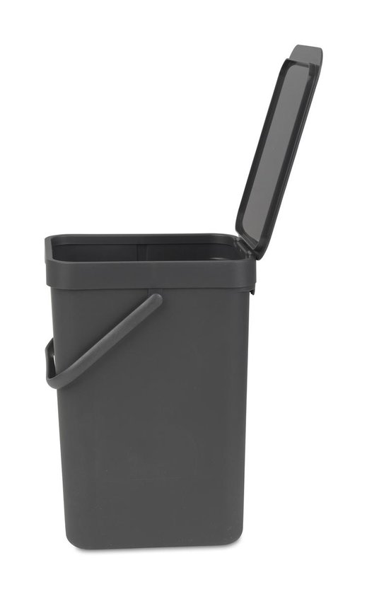 Poubelle Brabantia gris foncé avec couvercle entrouvert et une anse.