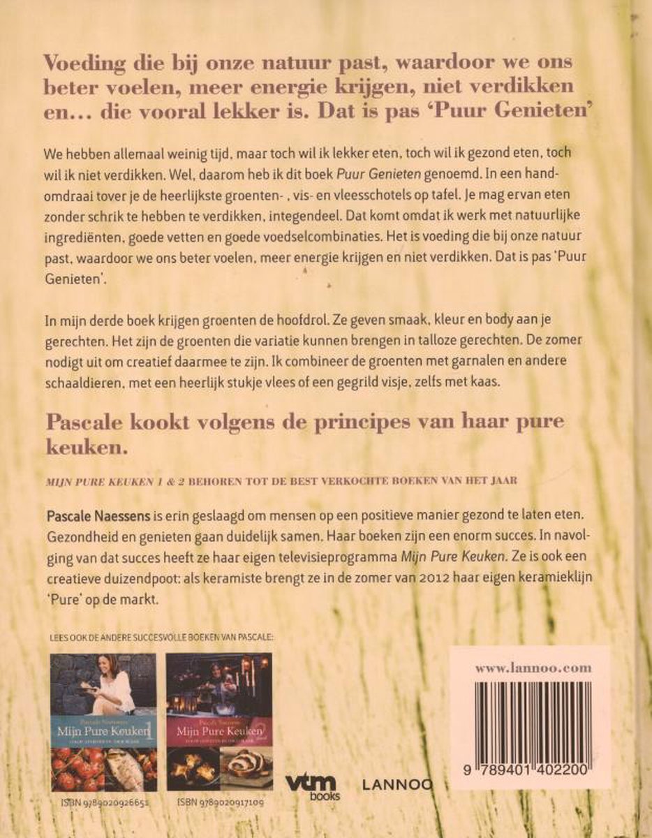 Boekomslag met titel 'Puur genieten en toch gezond en slank' en foto van Pascale Naessens.
