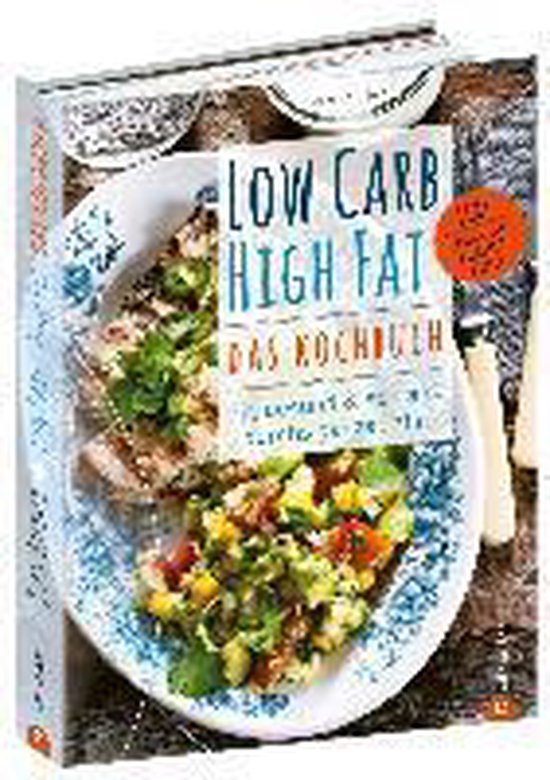 Boek met de titel "Low Carb High Fat - Das Kochbuch" en een afbeelding van een bord met een maaltijd.