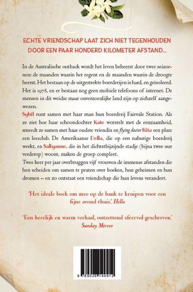 Achterkant van het boek 'De leesclub aan het einde van de wereld' met tekst en een streepjescode.