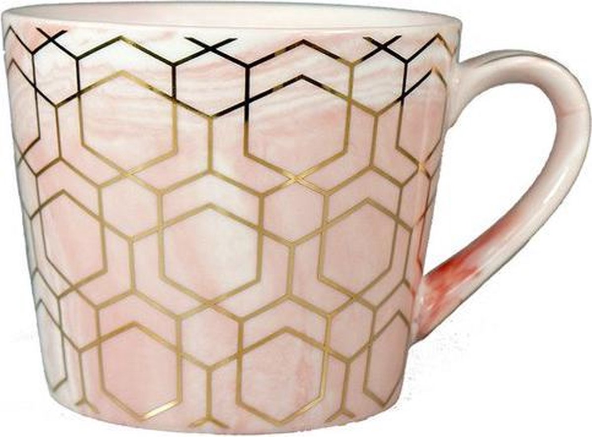 Luxe Keramische Mok met Gouden Geometrische Details - Roze Diamant - 400 ML - Koffie of Thee Kop