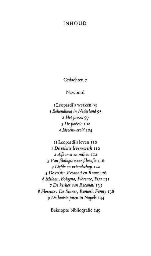 Inhoudsopgave van Giacomo Leopardi's Gedachten, met hoofdstukken en paginanummers.