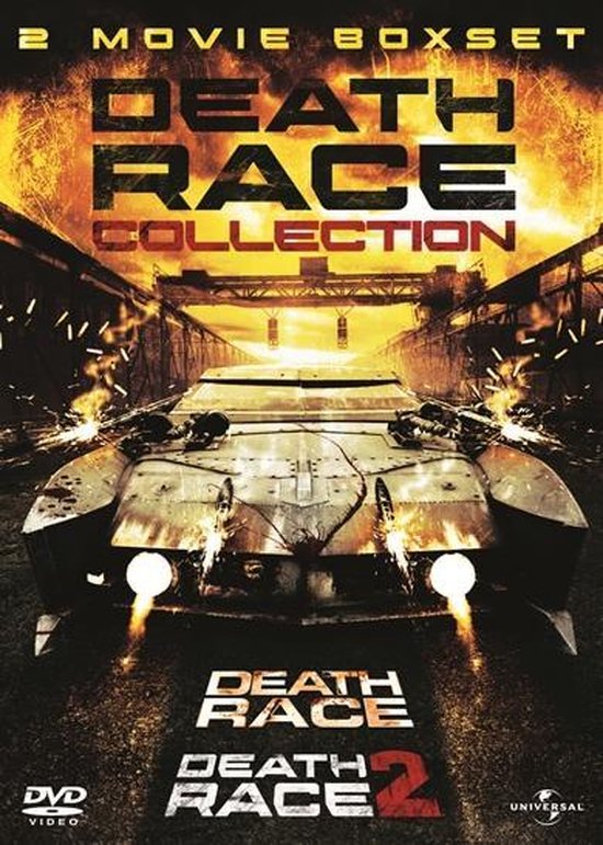Death Race Collection DVD boxset met twee films. Een gepantserde auto met vlammen uit de uitlaten staat centraal.
