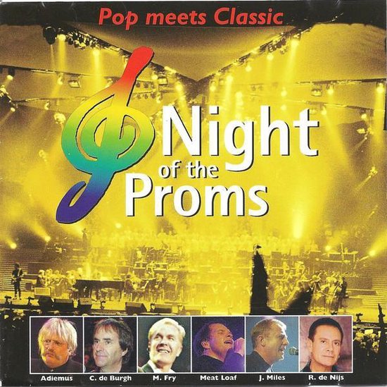 CD-hoes met de tekst 'Pop meets Classic', 'Night of the Proms' en afbeeldingen van Adiemus, C. de Burgh, M. Fry, Meat Loaf, J. Miles en R. de Nijs.