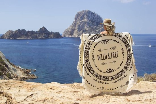 Mycha Ibiza - roundie - serviette de plage ronde - sauvage et libre - noir - 100% coton - tissu éponge
