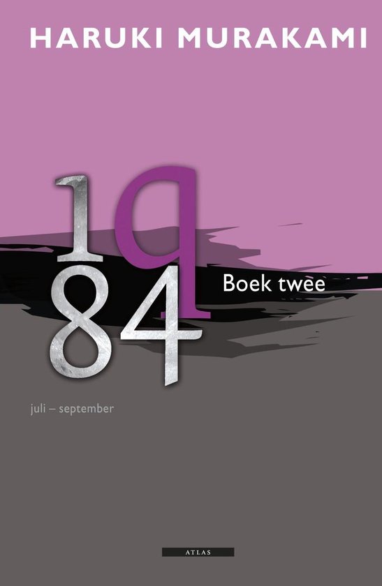 Boekcover 1984 van Haruki Murakami, met grote paarse en zilveren cijfers 1Q84.