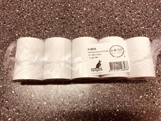 Verpakking van 5 witte thermorollen van 57x40x12mm, met Kangaro logo en barcode.
