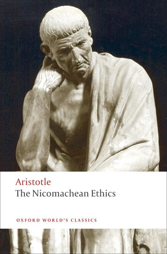 Couverture du livre "The Nicomachean Ethics" d'Aristote, avec un buste de philosophe grec.