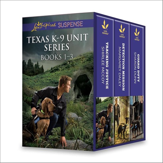 Livres 1-3 de la série Texas K-9 Unit avec un officier et un chien policier à l'extérieur, incluant les titres 'Tracking Justice'.