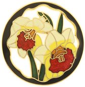 Behave® Dames Broche rond bloemen narcis wit zwart - emaille sierspeld -  sjaalspeld  4,5 cm