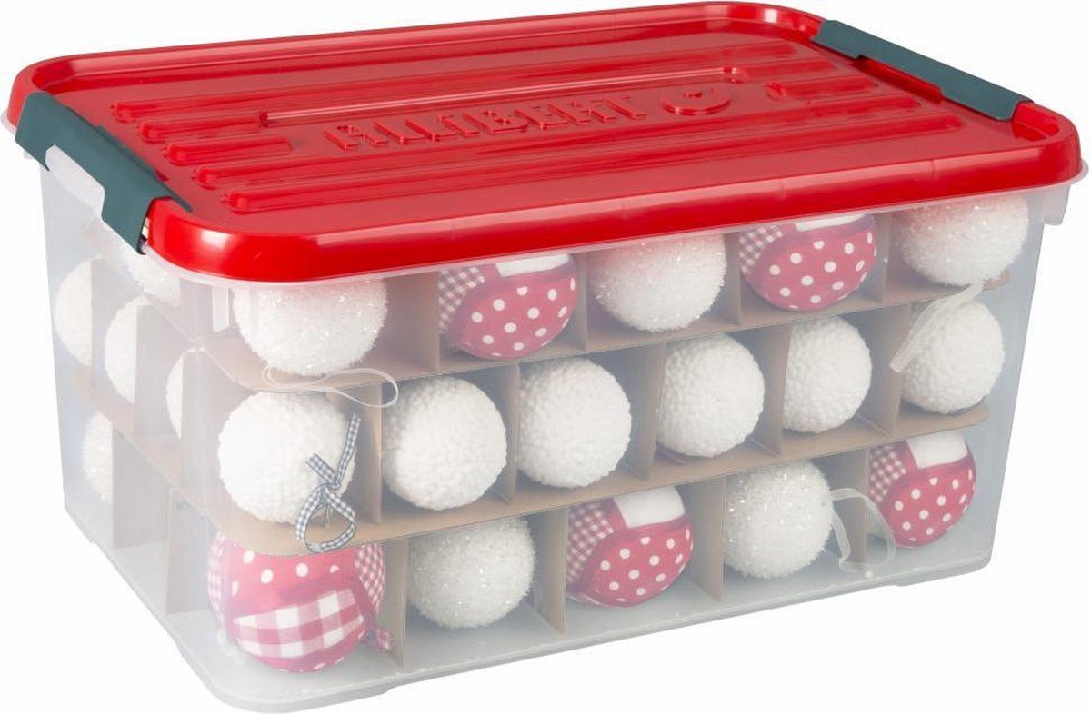 Curver - Kerstballenbox - Kerstbox 50L transparant / rood - kerstballen  opbergbox | bol.com