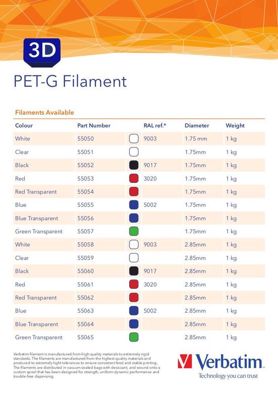 FILAMENT POUR IMPRIMANTE 3D Verbatim PET-G 2.85M