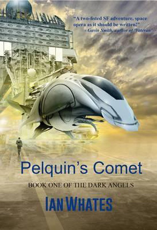 De cover van 'Pelquin's Comet' toont een futuristisch ruimtevaartuig met een gestroomlijnd ontwerp, vliegend in de buurt van een gigantisch ruimtestation, met een kleine menselijke figuur op de voorgrond en een dramatische lucht.
