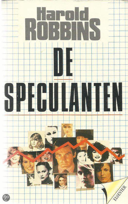 Boek "De Speculanten" van Harold Robbins met collage van gezichten en rode grafieklijn.