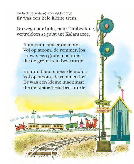 Een spoorwegovergang met seinen, een groen gebouwtje en een illustratie van twee treinen, waaronder een rode locomotief met een wagon.