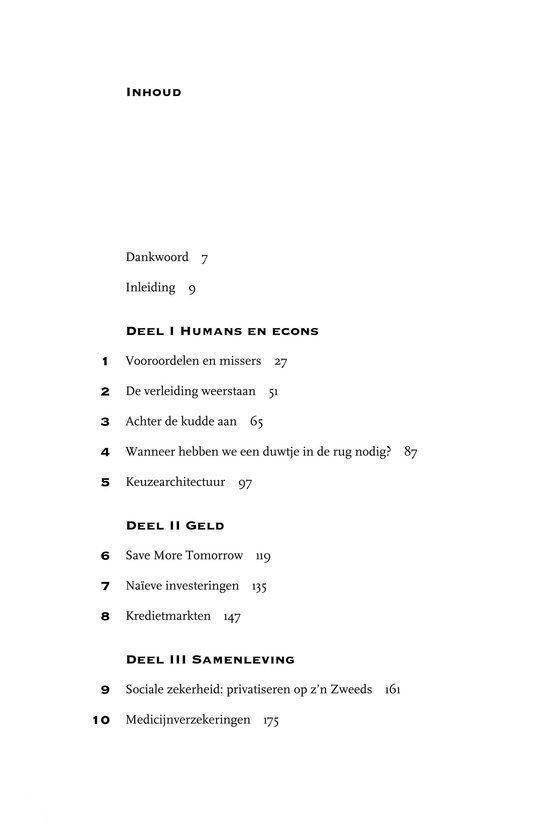 Pagina met inhoudsopgave, titels van hoofdstukken zijn onderverdeeld in delen.