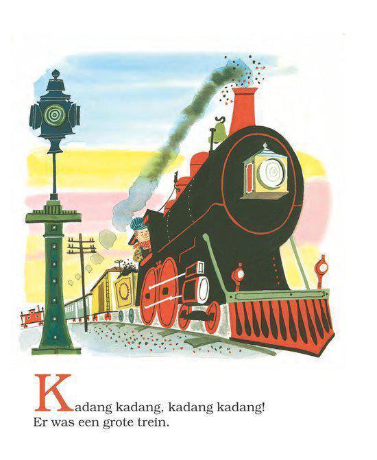 Een illustratie van een grote zwarte stoomtrein met rode details en oranje schoorsteen, met een machinist, rijdend op een spoor naast een groen stationsgebouw.