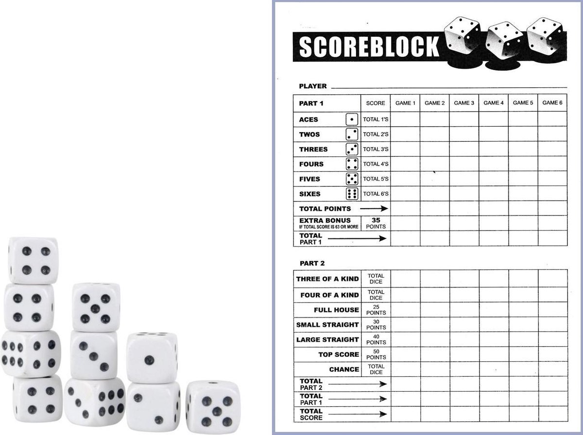 Yahtzee Scoreblok + 10x Witte Dobbelstenen | Spel voor op Reis | Scoreblock | Spelletjes | Dobbelspellen | Spellen - Barkleydeal