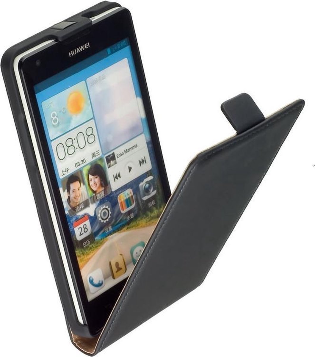 LELYCASE Echt Lederen Flip Case Bescherm Hoesje Huawei Ascend G730 Zwart