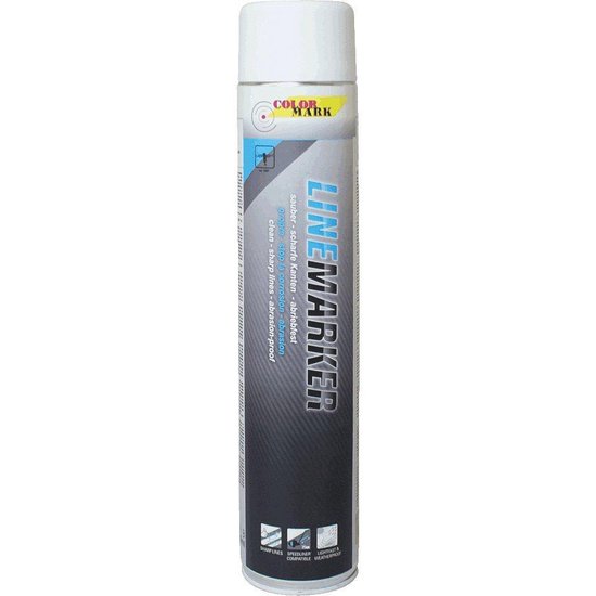 Spuitbus 'Linemarker' met witte dop en tekst in wit en grijs. Het blik heeft 'Linemarker' in grote blauwe letters.