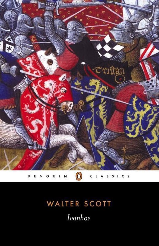 Boekcover van 'Ivanhoe' met een levendige illustratie van een middeleeuws riddertoernooi.