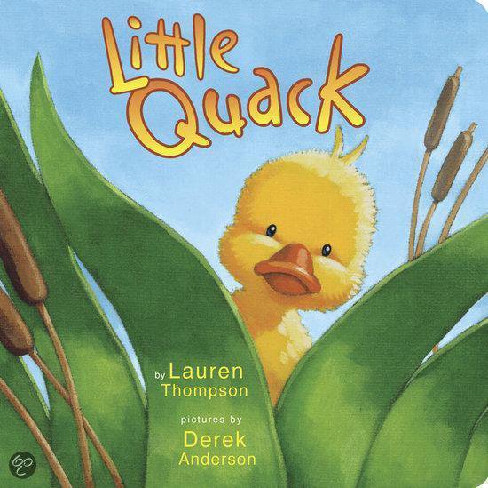 Boek 'Little Quack' met een schattige gele eend die tussen groene rietstengels gluurt. Geel met oranje snavel.
