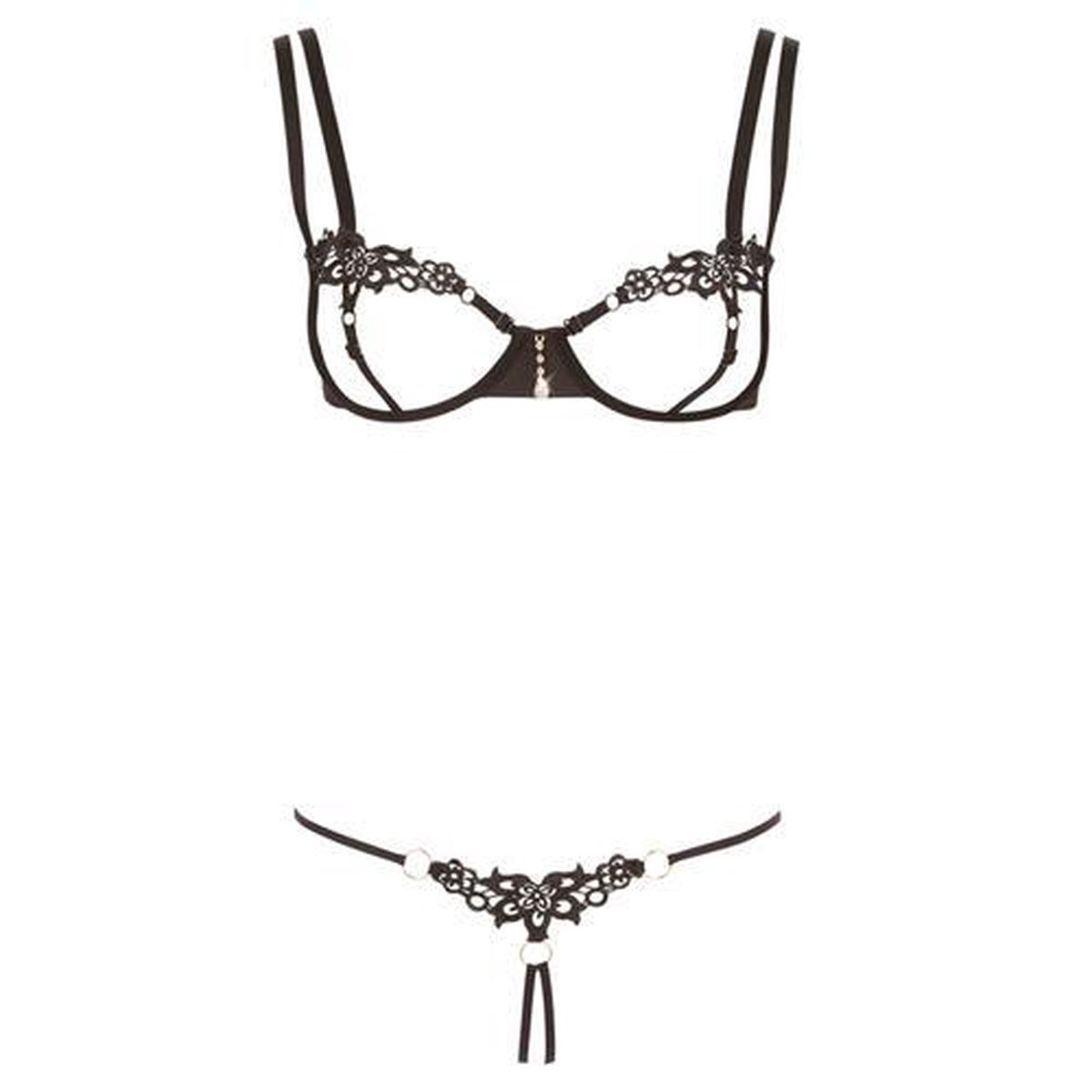 Goedkoopste Cottelli Collection – Kinky Beha Set met String Minimalistische Uitstraling voor Erotische Belangstelling – Maat L - Zwart