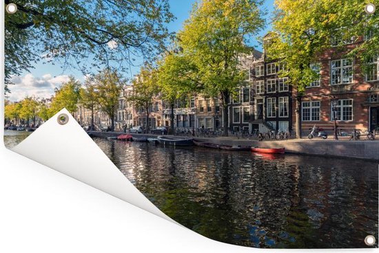 Tuinposter 180x120 cm - Tuindecoratie De Prinsengracht in het centrum van Amsterdam - Poster voor in de tuin - Buiten decoratie - Schutting tuinschilderij - Tuindoek muurdecoratie - Wanddecoratie balkondoek