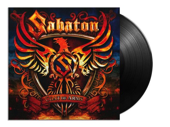 Disque vinyle "Coat of Arms" de Sabaton avec la pochette d'album représentant un bouclier, un phénix et des flammes.