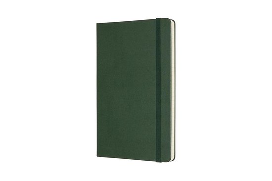 Groen moleskine notitieboek met elastische band en een groen lint.