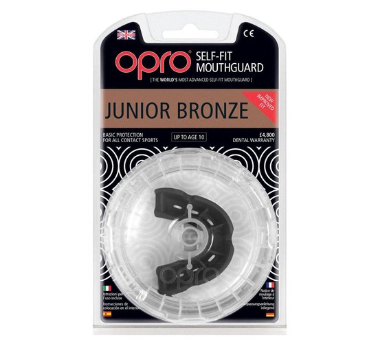 OPRO Self-Fit Mouthguard Junior Bronze verpakking, zwart met zilveren letters, voor kinderen tot 10 jaar.