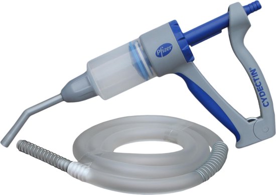 Grijs en blauw Cydectin doseerpistool met "Pfizer" logo, doorzichtige cilinder en slang.