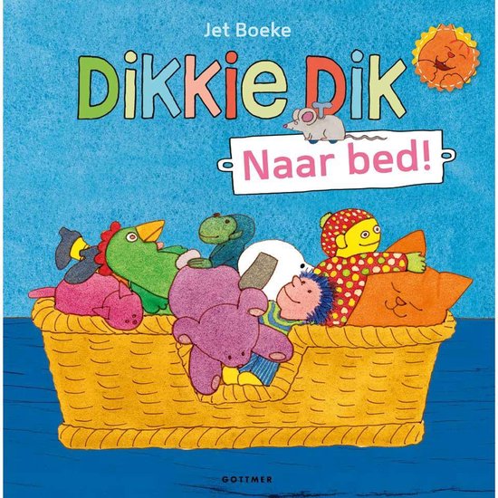 Boek 'Dikkie Dik naar bed!' met een mand vol knuffels en een kat met een gele sterrenpyjama.