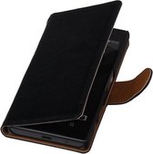 Zwart Echt Leer Leder booktype wallet hoesje voor Huawei Y5 II