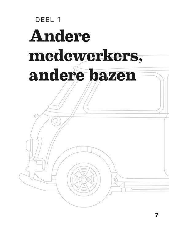Schematische tekening van de voorkant van een Mini Cooper met titel 'Andere medewerkers, andere bazen'.