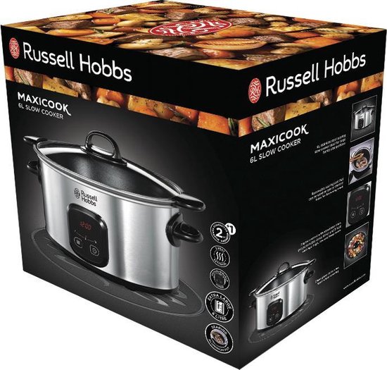 Verpakking van de Russell Hobbs MaxiCook 6L slowcooker met een afbeelding van het product.
