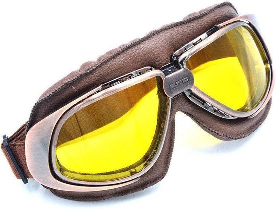 Vintage bruin leren motorbril geel glas