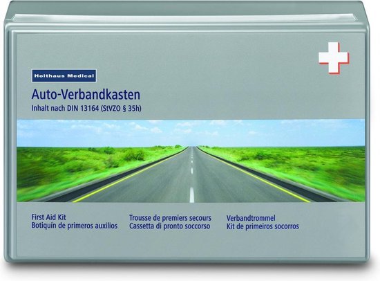 Holthaus Medical auto-verbandskast met witte kruis en tekst "Auto-Verbandskasten".