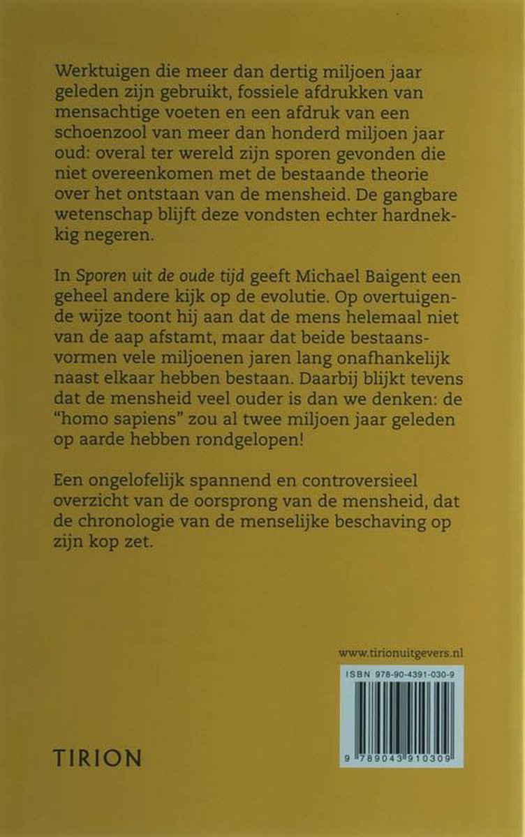 Boekrug met gele achtergrond, Nederlandse tekst over de oorsprong van de mensheid.