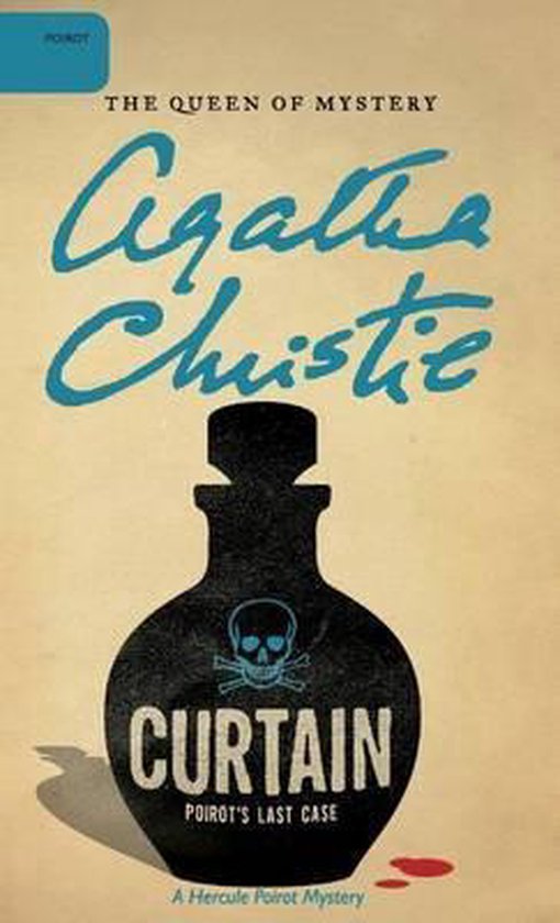 Boekhoes 'Curtain' van Agatha Christie, een Hercule Poirot mysterie, met een flesje en doodshoofd.