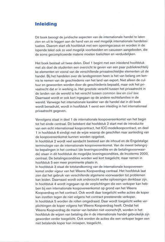 Pagina uit een boek met de titel "Inleiding" en "Het boek beoogt de juridische aspecten van de internationale handel te laten zien."