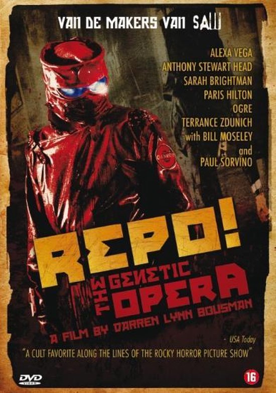 Poster voor 'Repo! The Genetic Opera', met een rode man met een bril en een blauwe lamp op zijn hoofd. Titel in grote gele letters.