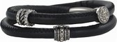 Quiges - Leren Wikkelarmband Zwart 40cm met Aanschuif Bedels Zilverkleurig - RVS Magneetsluiting - ELBS001