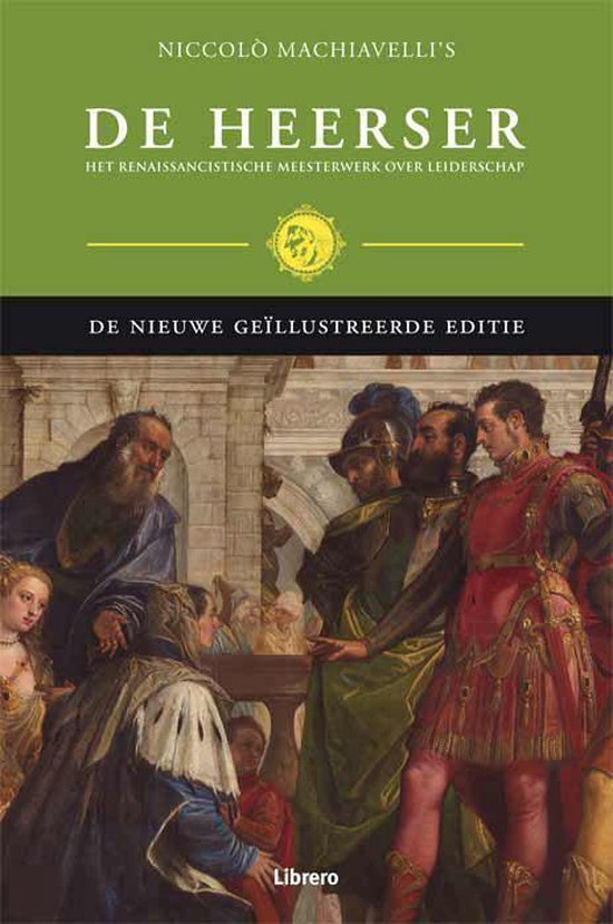Couverture verte de 'De Heerser' avec une peinture d'un groupe de personnes en vêtements de la Renaissance.