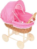 Rieten Poppenwagen - houten wielen - Stoffen Kap - Fuchsia bekleding met kleine stipjes