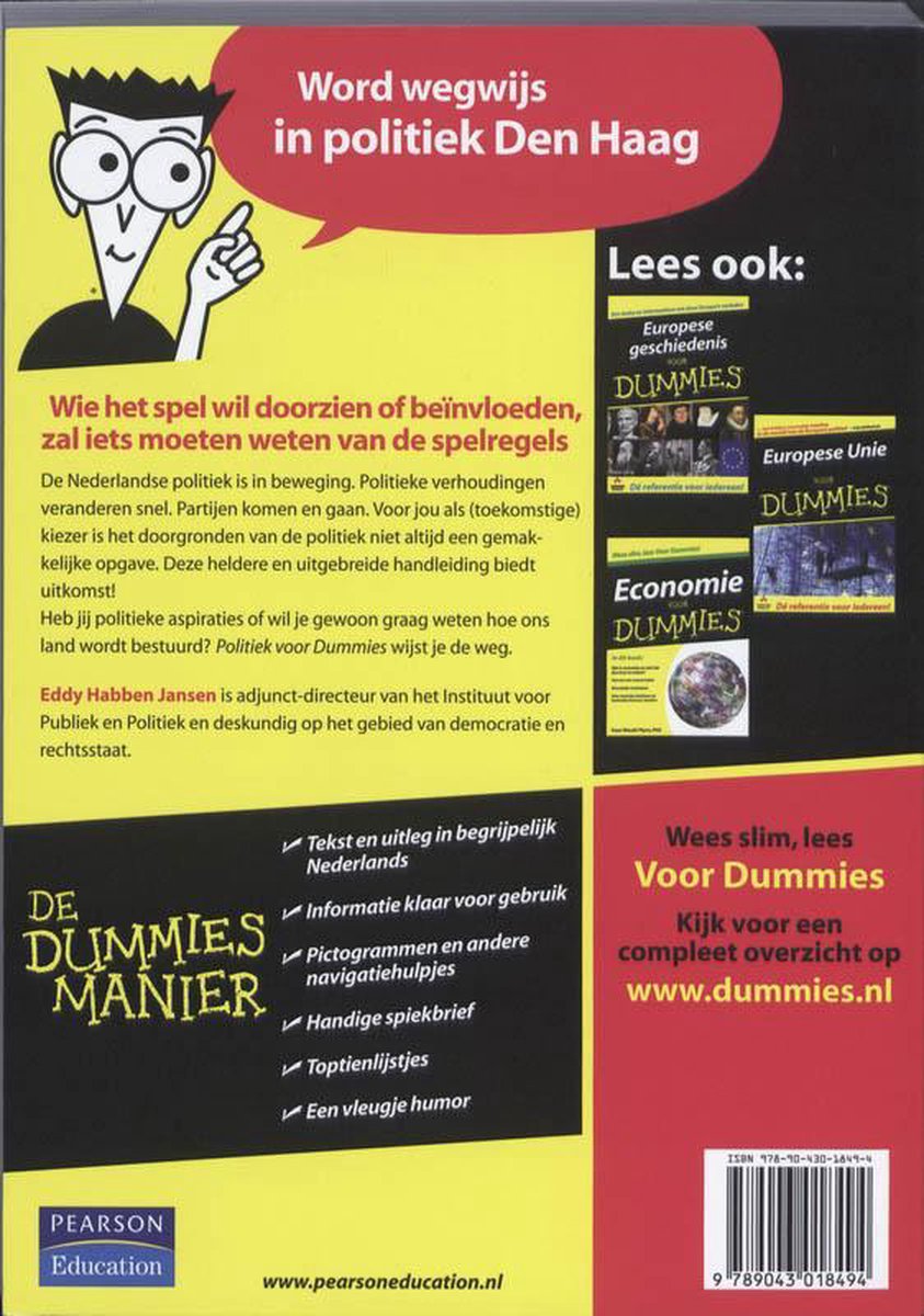 Achterkant van boek "Politiek voor Dummies" met cartoon en informatie over de inhoud.